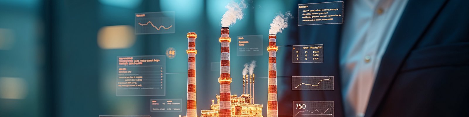 Mann hält ein Tablet auf dem eine Industrie in 3D gespiegelt wird